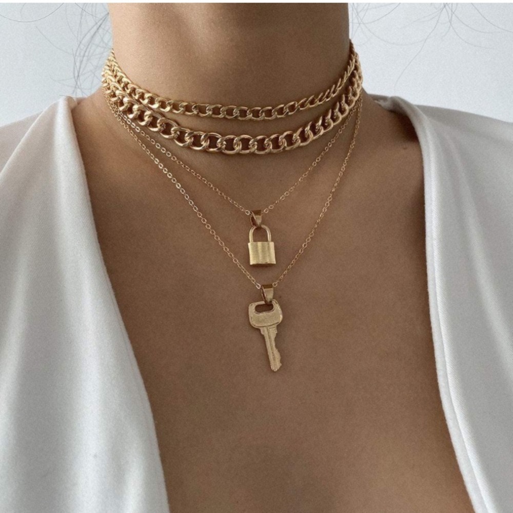Gold Lock -Key Punk Choker Necklace 4Set
